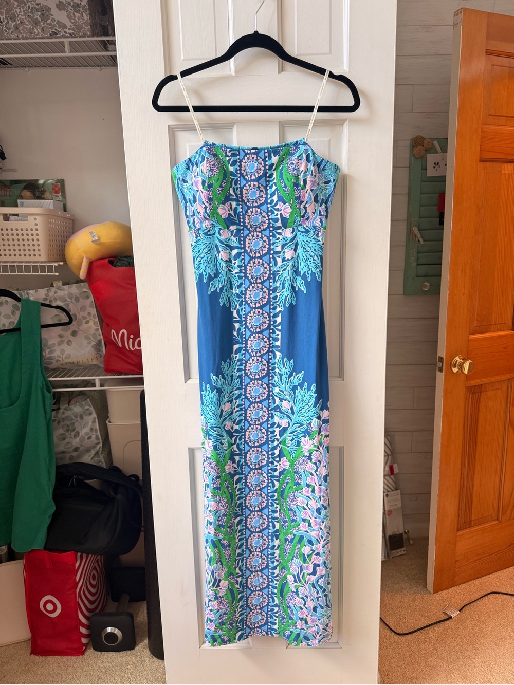 Lilly Pulitzer Blue Floral Maxi Dress with Pink and Green Motif